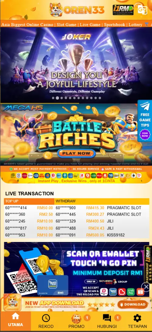 Tangkapan skrin antara muka mobile Oren33: bar navigasi bawah Utama, Rekod, Promo, Hubungi, Tetapan, senarai Live Transaction, dan deposit QR e-wallet / Touch ’n Go PIN