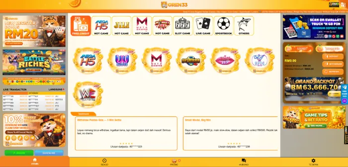 Lobi utama platform Oren33 dengan kategori permainan, jackpot, dan promosi